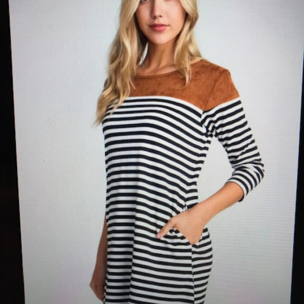 YELETE Stripe Suede top dress with pockets dark navy white NEW size S small